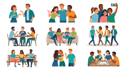 Fototapeta premium Diverse groups of people socialize and interact in various settings and activities together.