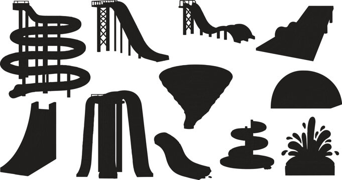 Water Park Water Slide Icon Set Featuring Spiral Chutes Extreme Drop Vertical Slides Racing Mat Racers Funnel Vortices Wave Walls and Splashdown Pools
