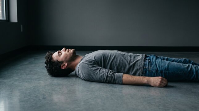 Man lying on floor, looking up, in dark room, feeling tired