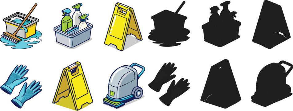 Commercial Cleaning Supplies and Janitorial Equipment Vector Set with Mop Buckets Spray Bottles Caution Wet Floor Signs Protective Gloves and Floor Buffers