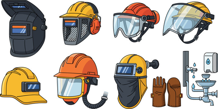 Industrial Safety Helmets and PPE Icon Set with Welding Masks Face Shields Ear Muffs Protective Leather Gloves and Emergency Eyewash Stations