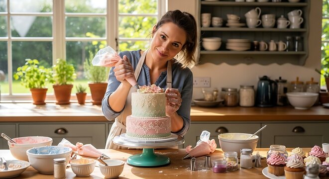 A skilled baker decorates a two-tiered cake with delicate frosting swirls, surrounded by cupcakes and baking supplies in a sunlit kitchen.