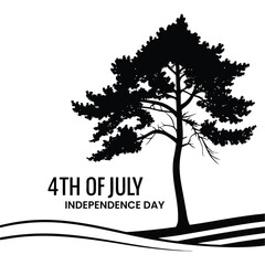 Fototapeta premium Pine tree silhouette against white sky with American flag stripes for Independence Day celebration concept vector illustration