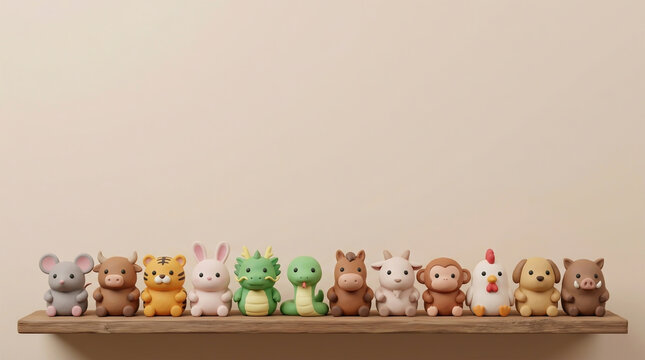 3D clay illustration of twelve Chinese zodiac animals lined up on a wooden shelf. Cute figures for Japanese New Year, Lunar New Year, and astrology concepts.