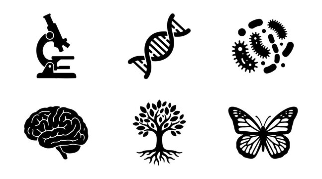 Science Icons: Microscope, DNA, Bacteria, Brain, Tree of Life, Butterfly Vector Set