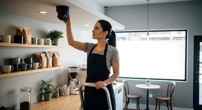 A focused woman wearing an apron checks a security camera mounted on the ceiling of a clean, well-lit establishment, possibly a cafe or shop, highlighting attention to detail and safety.