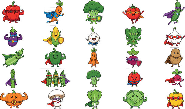 Vector Set of Cute Superhero Vegetables Featuring Carrots, Peppers, Broccoli, Tomatoes, Peas, Onions, and Fun Playful Characters for Children, Education, Fitness, and Creative Illustration Designs