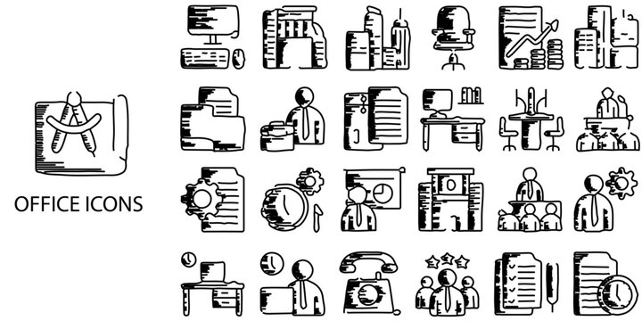 Office Supplies simple concept 24 Black and White Line Art color icons set. .Vector illustration.