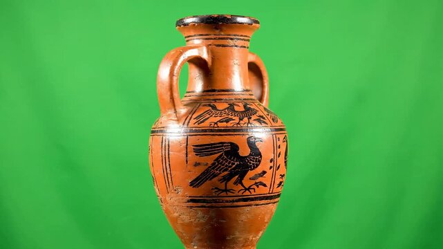 Ancient greek amphora vases with bird designs on green background