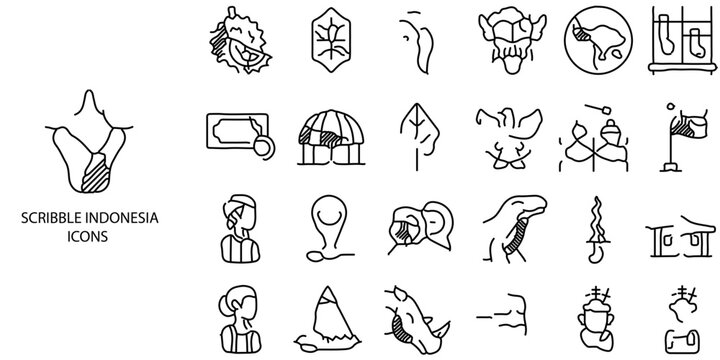 Scribble Indonesia simple concept 24 Black and White Line Art color icons set .Vector illustration.