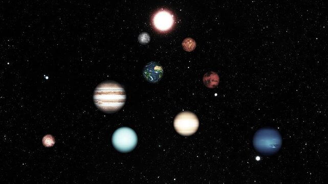 Solar system planets with sun on starry space background animation