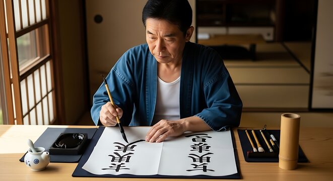 An elderly Japanese man in traditional attire meticulously practices calligraphy, his brush gliding across paper in a serene display of artistic dedication within a tranquil, traditional setting.