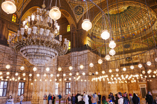 Cairo, Egypt - 26 Jan, 2026: Interior of the Muhammad Ali mosque (or Alabaster mosque) in the citadel of Cairo, Egypt