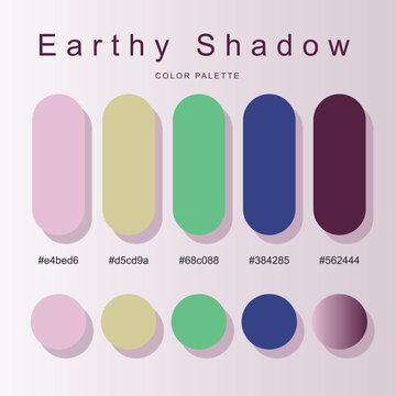 Earthy Shadow Muted Color Palette Poster with Pink, Green, Blue, Plum Rounded Capsule and Circular Swatches, Hex Codes, and Clean Design for Branding and Web UI.