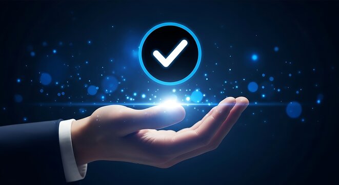Hand presenting glowing blue checkmark on dark background with particles