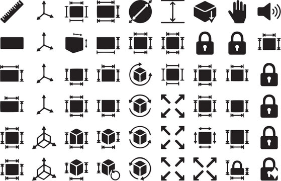 Set of black minimalist vector icons depicting various geometric transformation tools and interface control symbols for professional digital graphic design