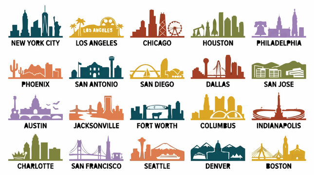 Major United States City Skyline Silhouettes with Famous Landmarks Set