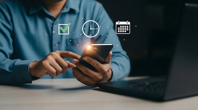 Man in blue shirt using smartphone with of checklist clock calendar floating above mobile