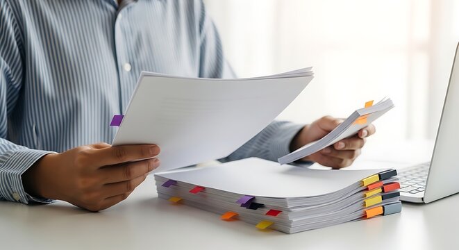 Man in blue striped shirt reviewing documents with colorful tabs beside laptop person blue shirt
