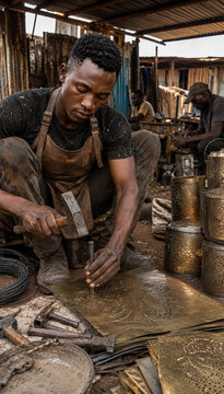 African Jua Kali Artisan Creating Recycled Metal Lanterns Nairobi Workshop &mdash; Circular Economy Upcycling Craft Sustainable Lifestyle
