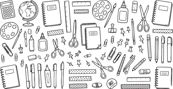 Hand drawn vector illustration featuring a collection of various school supplies and office stationery items arranged in a creative pattern