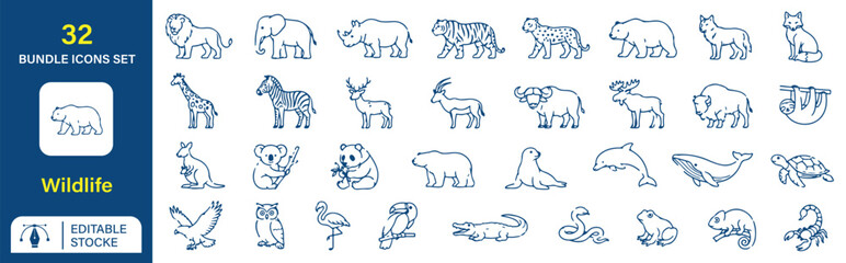 Fototapeta premium Wildlife Icons, Editable line icons. Vector illustration.