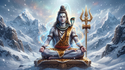 Fototapeta premium Divine Lord Shiva meditating in snowy Himalayan mountains for spiritual devotion and sacred festival artwork