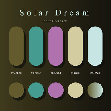 Solar Dream muted color palette poster with olive green, teal, lavender, cream, and light blue swatches, hex codes, and a clean dark layout for branding and web design.