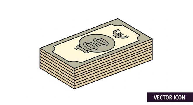 A stack of 100 euro bills in a simple vector graphic illustration