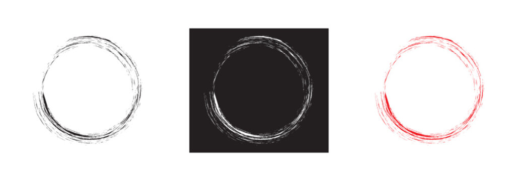 Brush Stroke Circle Icons, Minimalist Abstract Design. Brush red stroke circle frame, hand drawn rough scribble texture effect red circle, grunge crayon stamp. Design eps 10