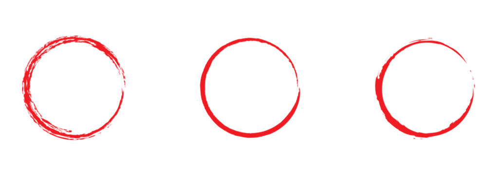 Brush Stroke Circle Icons, Minimalist Abstract Design. Brush red stroke circle frame, hand drawn rough scribble texture effect red circle, grunge crayon stamp. Design eps 10