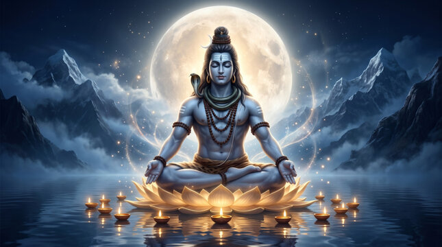 Mystical Lord Shiva meditating beneath glowing moonlight for spiritual devotion and sacred festival artwork