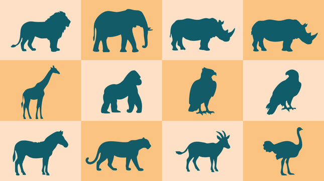 African Animals Silhouettes Set on Checkerboard Background Illustration