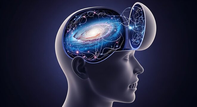 The human mind depicted as a portal to the universe, with a swirling galaxy contained within the open skull, illustrating concepts of consciousness, imagination, and cosmic connection.