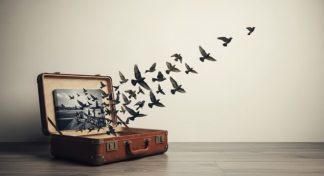 A vintage suitcase opens to reveal a flock of birds taking flight, symbolizing freedom and the spirit of adventure. A metaphor for breaking free from limitations and embracing new beginnings.