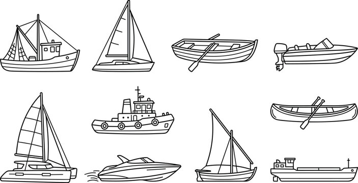 Boats and ships line art icon set. Outline vector illustrations of sailboat, yacht, tugboat, canoe, and cargo ship