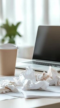 A desk is filled with crumpled paper and a coffee cup. A laptop and plants are visible in the bright room. Papers are scattered as work continues throughout the day