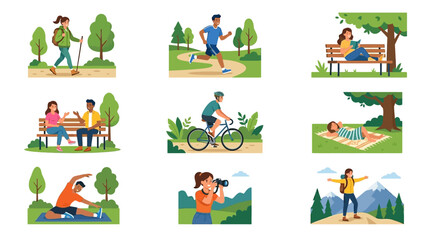 Fototapeta premium People engaging in outdoor activities in a park with trees and mountains.