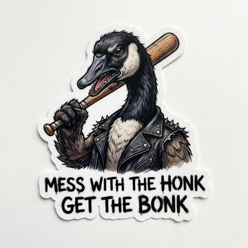 Funny aggressive goose character sticker wearing black leather jacket holding baseball bat with humorous quote Mess with the honk get the bonk on white background.