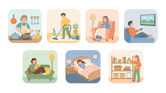 People engage in various daily activities at home with family members nearby always.