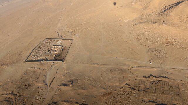 Aerial view of Habu temple and surrounding area in the west bank in Luxor