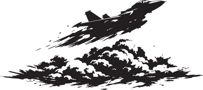 A black and white silhouette of a fighter jet fly over the clouds in dynamic ink splash style i vector with transparent background 