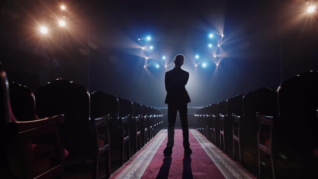 Zoom In on Thoughtful Man Silhouette with Dramatic Stage Lighting