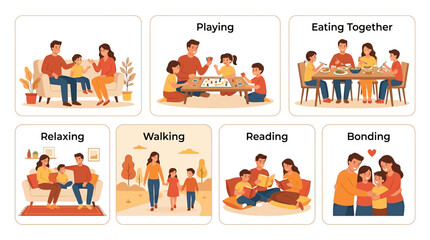 Fototapeta premium Family members are playing, eating, relaxing, walking, reading, and bonding together at home.