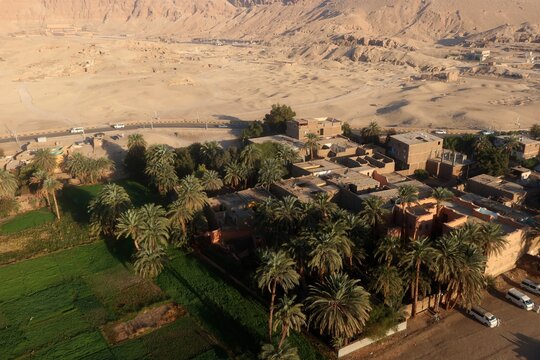 Aerial view of Habu temple and surrounding area in the west bank in Luxor