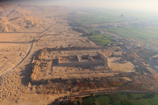 Aerial view of Habu temple and surrounding area in the west bank in Luxor