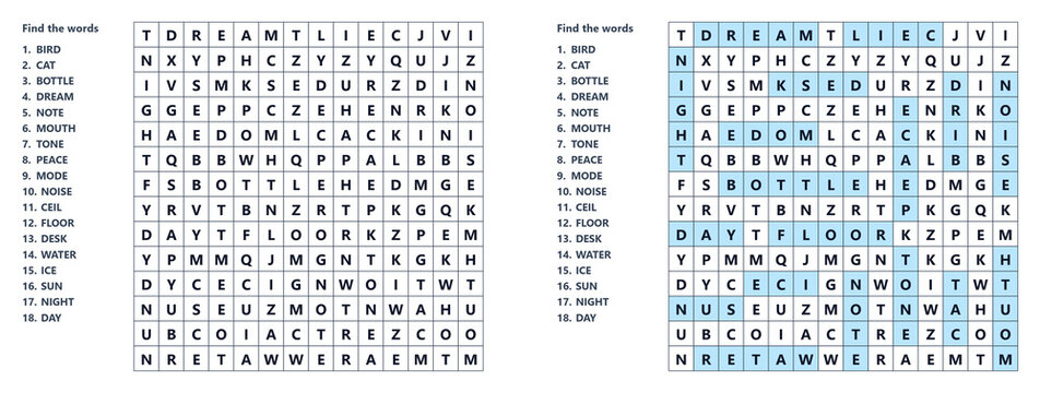 Educational word search puzzle worksheet and answer key in minimalist black and light blue style for student vocabulary practice
