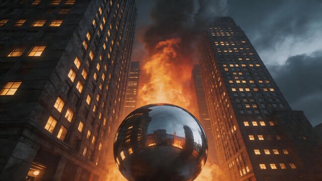 Metal sphere in burning cityscape