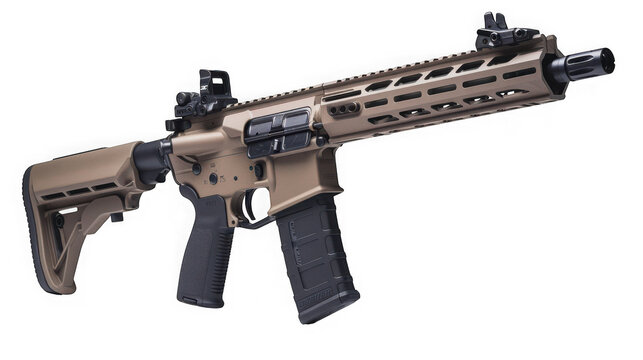 Modern tactical assault rifle in tan color with optical scope isolated on transparent background