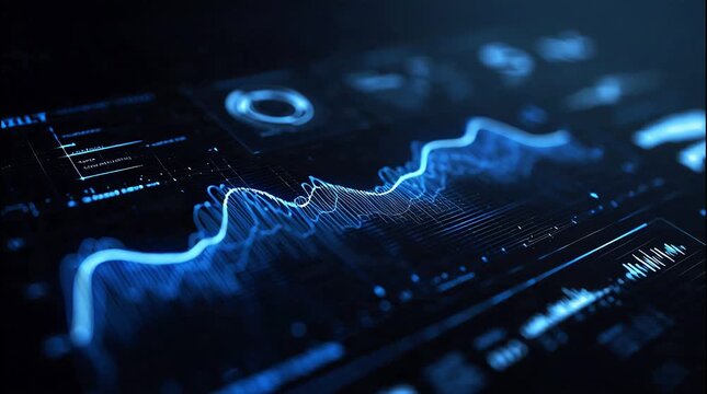Futuristic blue data visualization dashboard featuring glowing digital line charts representing artificial intelligence big data analytics technology